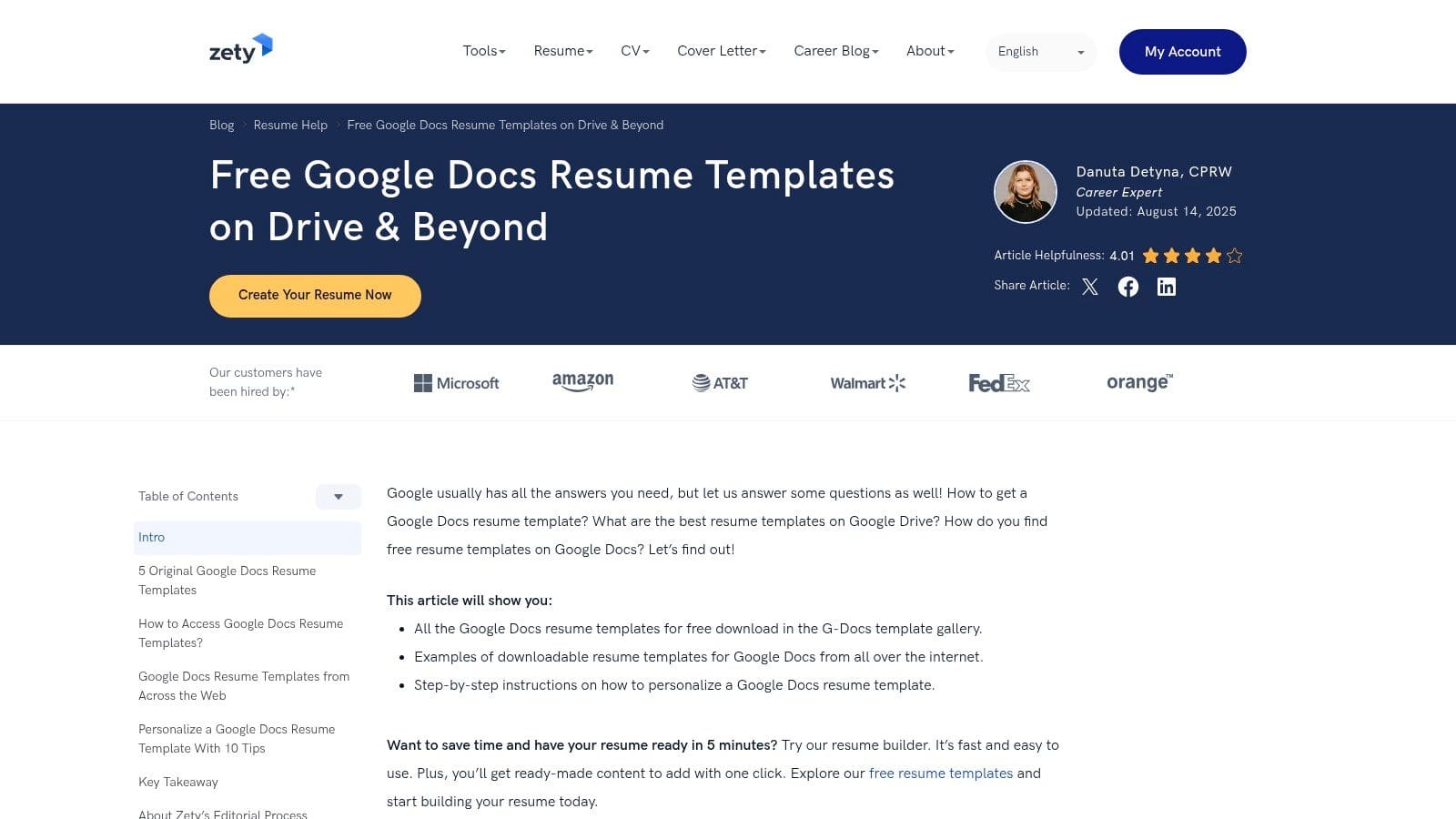 Resume.io platform showing professional resume builder interface with Google Docs export functionality and modern template designs