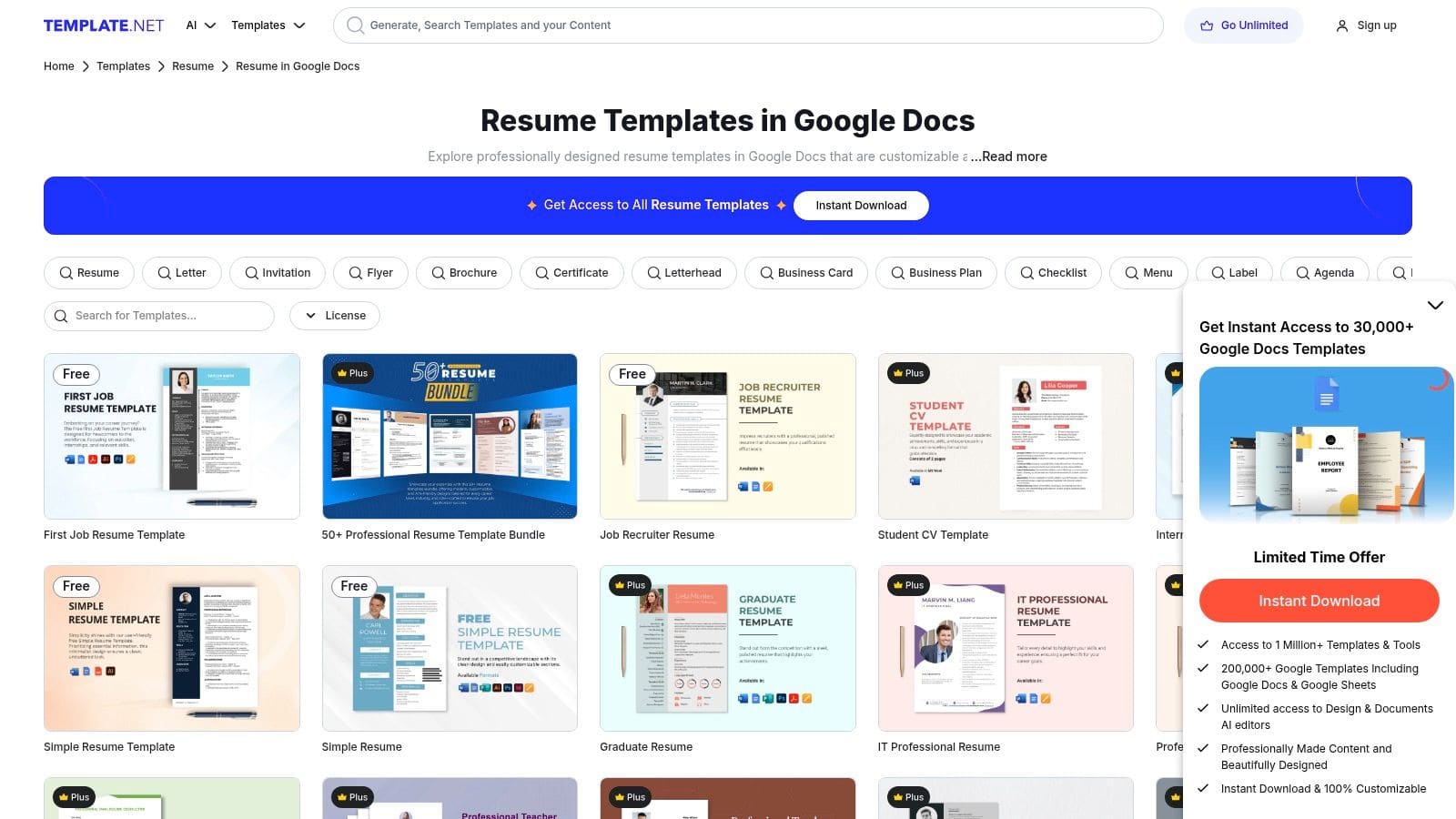 Etsy marketplace showing diverse Google Docs resume templates from independent designers with creative and professional layouts