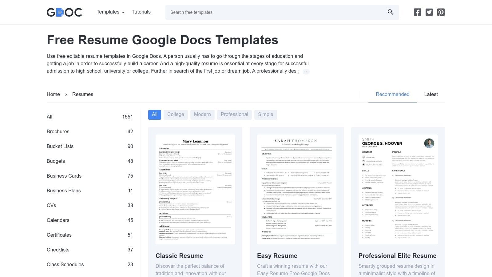 Template.net website showing extensive library of Google Docs resume templates with industry-specific filtering options