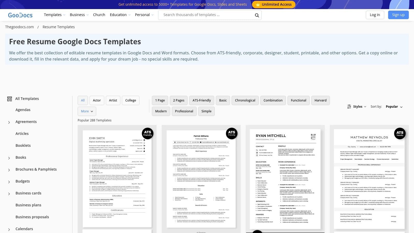 Hloom platform displaying curated Google Docs resume templates with clear free and premium sections and user-friendly instructions