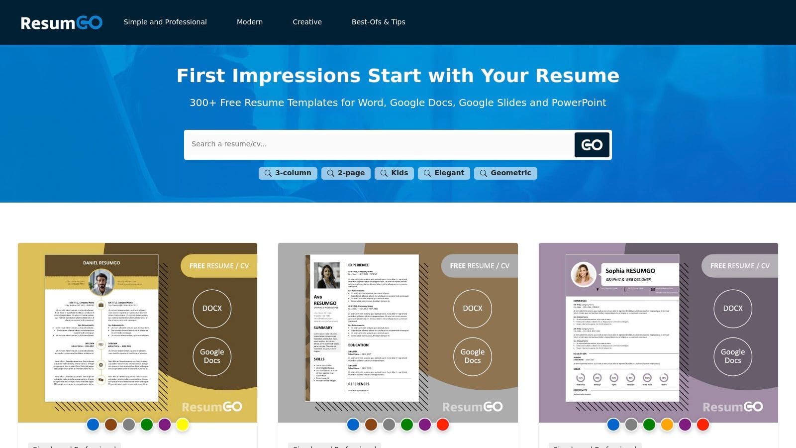 TheGoodocs website displaying hundreds of free Google Docs resume templates with one-click copy functionality and categorized designs