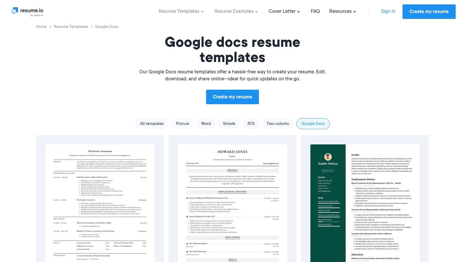 Jobscan platform showing ATS-optimized Google Docs resume templates with detailed compatibility guidance and scanning tools