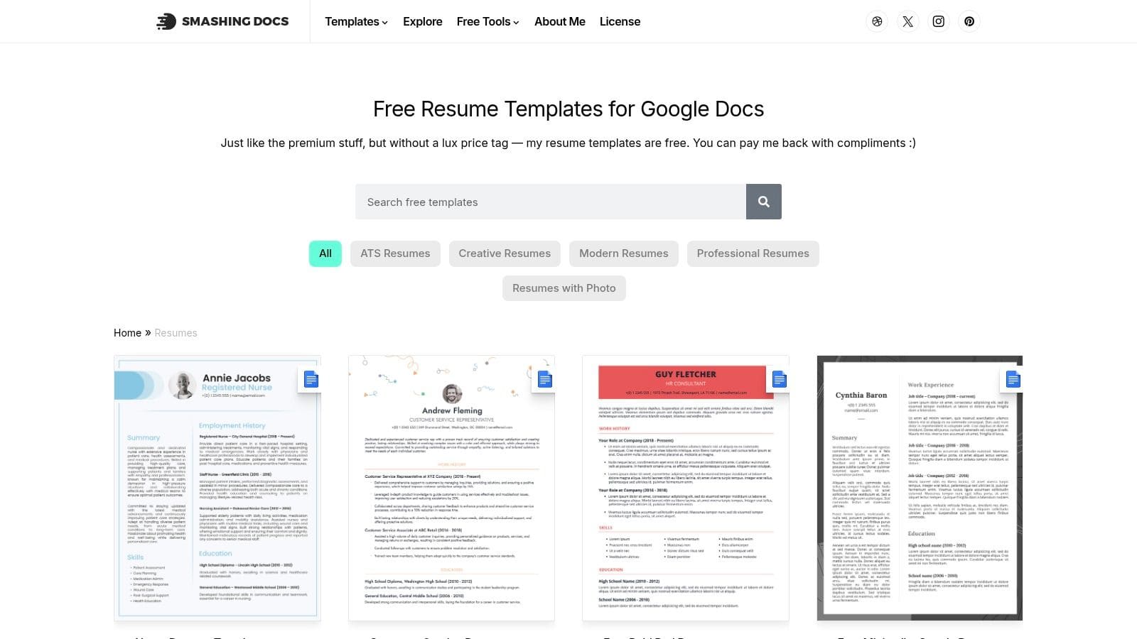 ResumGO platform displaying over 300 free resume templates with multiple format options and modern design variations